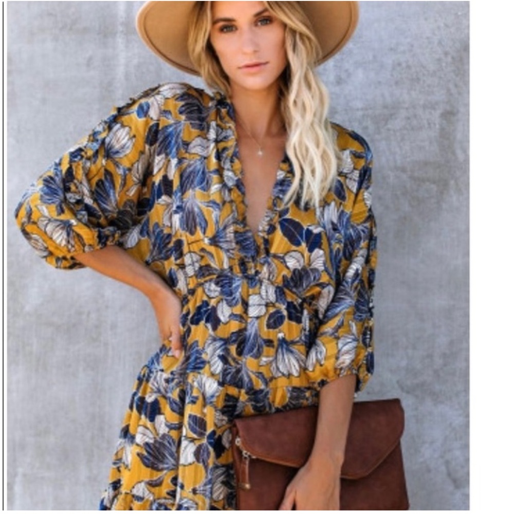 VICI Yellow Blue Silk Floral Plunge Neck Baby Doll Fully Lined Mini Dress szS